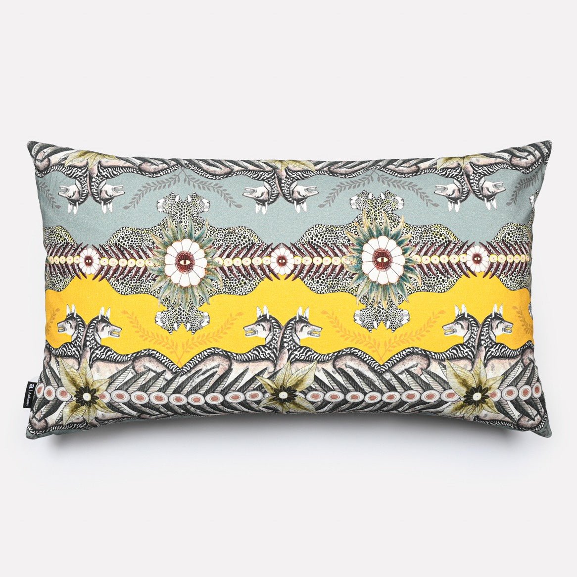 A 70x40cm rectangular cushion cover featuring an intricate design of African wildlife with a yellow and grey colour scheme.