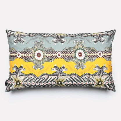 A 70x40cm rectangular cushion cover featuring an intricate design of African wildlife with a yellow and grey colour scheme.