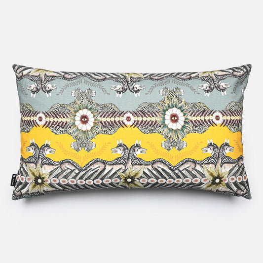 A 70x40cm rectangular cushion cover featuring an intricate design of African wildlife with a yellow and grey colour scheme.