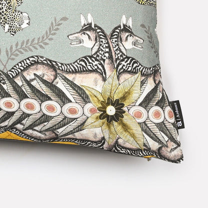 A section of the fabric highlighting the delicate brushwork, wildlife motifs, and geometric elements.