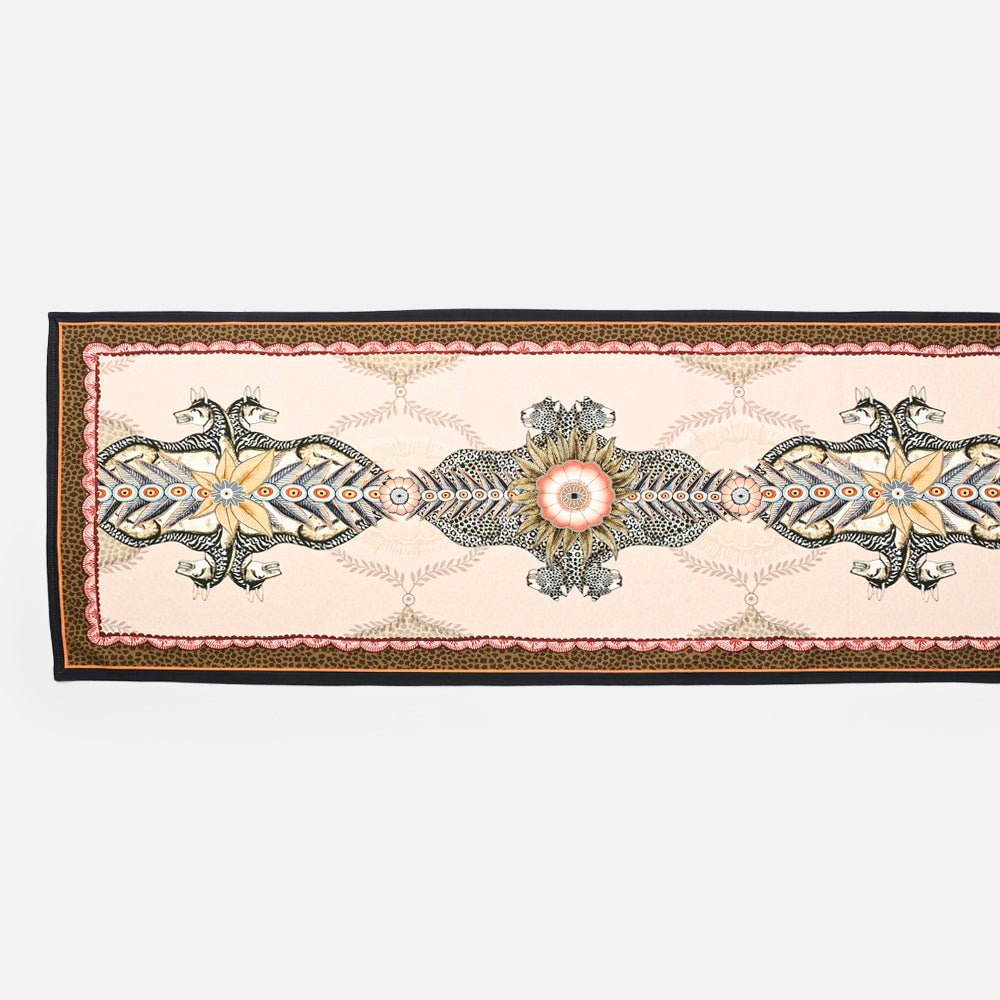A standalone view of the Bush Bandits Table Runner, highlighting its elegant border and symmetrical design.