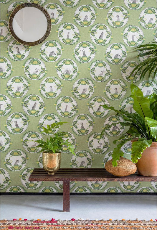 A refreshing soft olive green background adorned with intricate cameo designs inspired by ceramic vases, bringing a timeless elegance to any space.