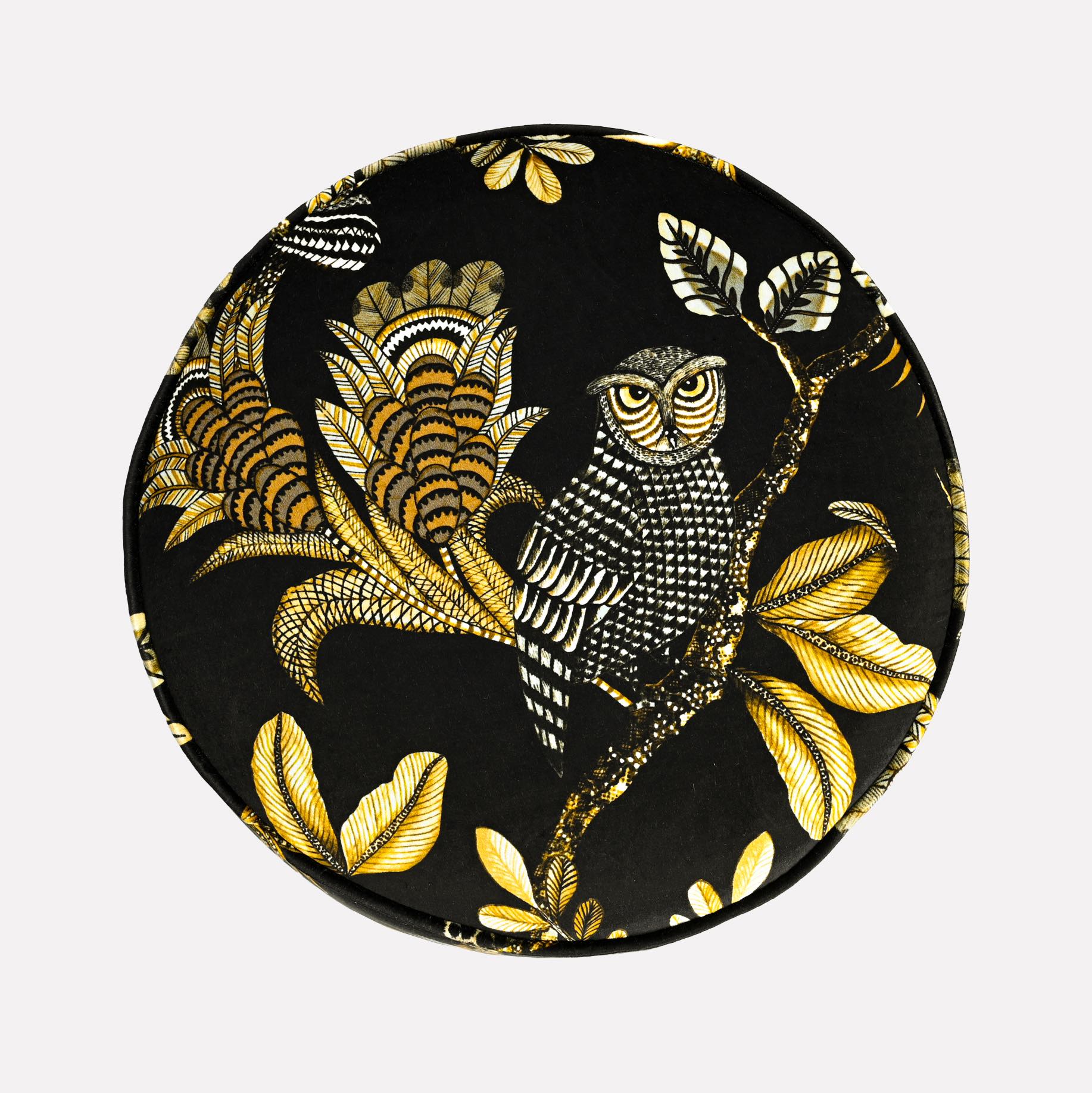 Top-down view of the Ardmore Camp Critter Brass Velvet Pouffe, displaying the intricate golden owl and floral designs set against a deep black velvet background.