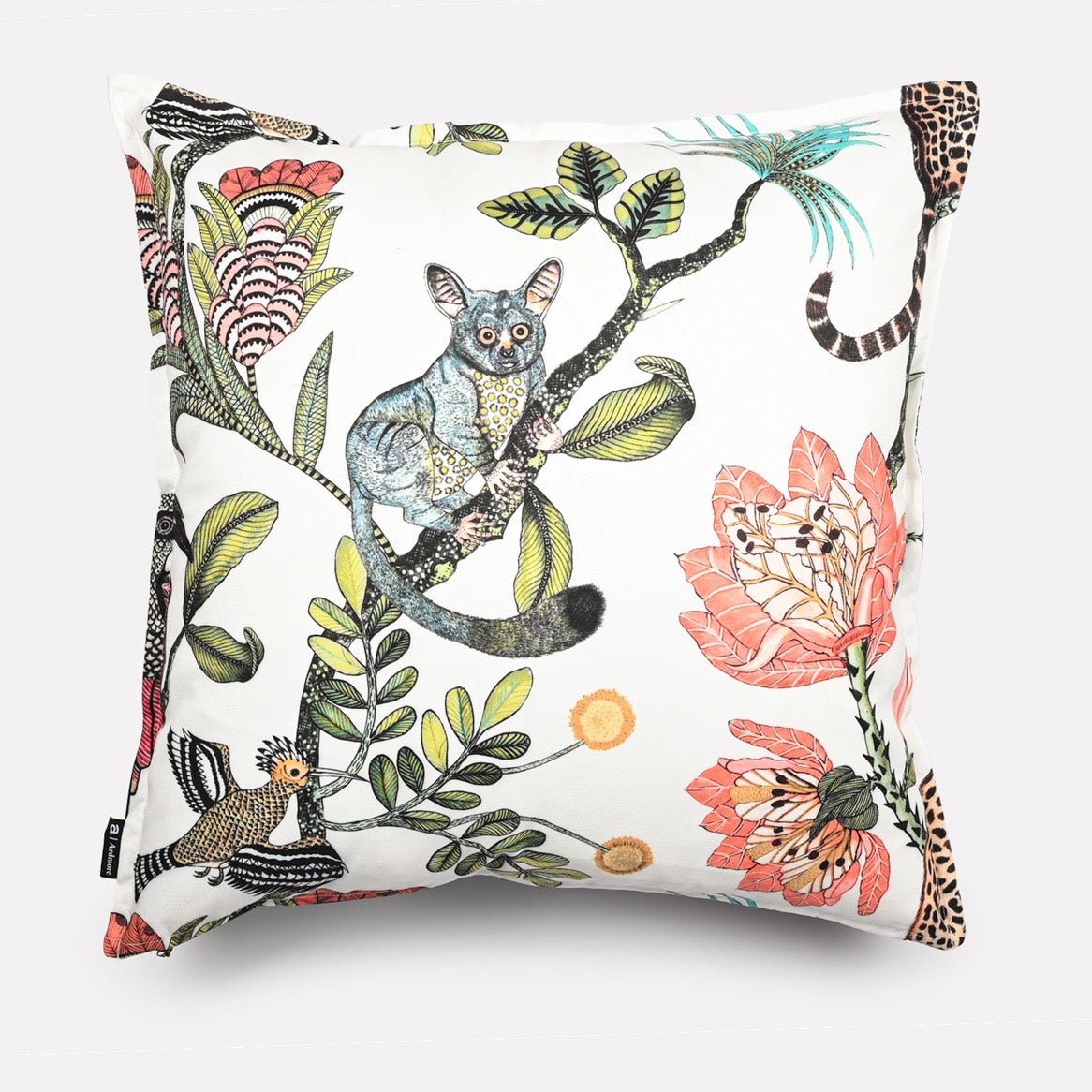 A slightly angled perspective showcasing the cushion’s depth, highlighting its double-sided print and durable polyester fabric.