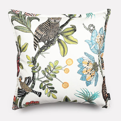 A 50x50cm outdoor cushion cover featuring a vibrant wildlife-inspired design with intricate illustrations of birds, flora, and abstract patterns on a white background.