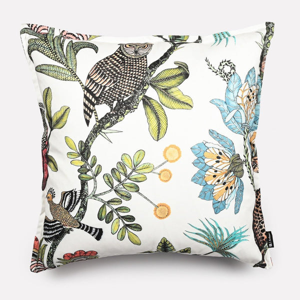 A 50x50cm outdoor cushion cover featuring a vibrant wildlife-inspired design with intricate illustrations of birds, flora, and abstract patterns on a white background.