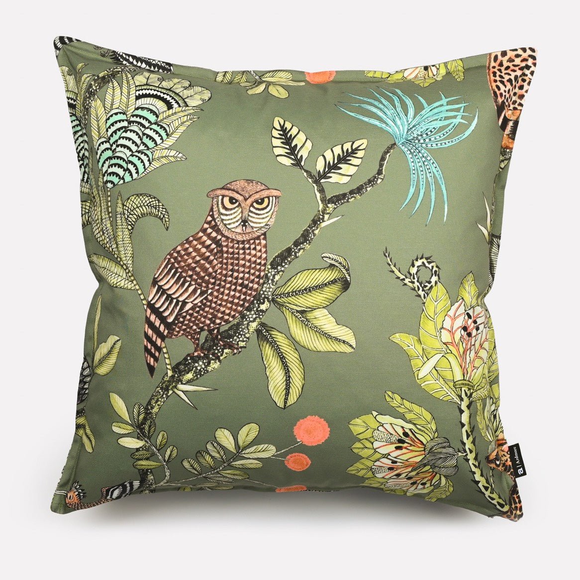 A 50x50cm cushion cover in muted olive green, adorned with an intricate wildlife print featuring an owl perched on a branch amidst lush foliage.