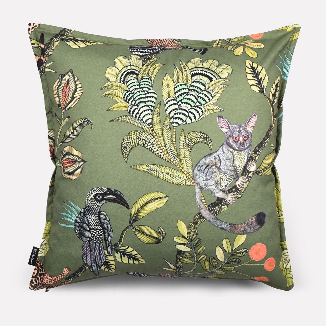 A perspective showing multiple animal motifs, including a monkey and tropical birds, highlighting the vibrant double-sided design.