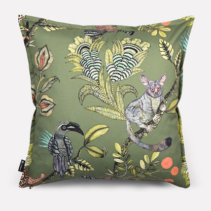 A perspective showing multiple animal motifs, including a monkey and tropical birds, highlighting the vibrant double-sided design.