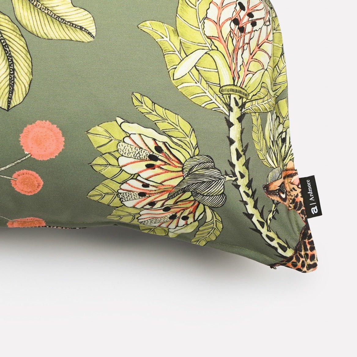 A detailed look at the fabric texture and botanical elements, emphasising the delicate artistry of the cushion cover.