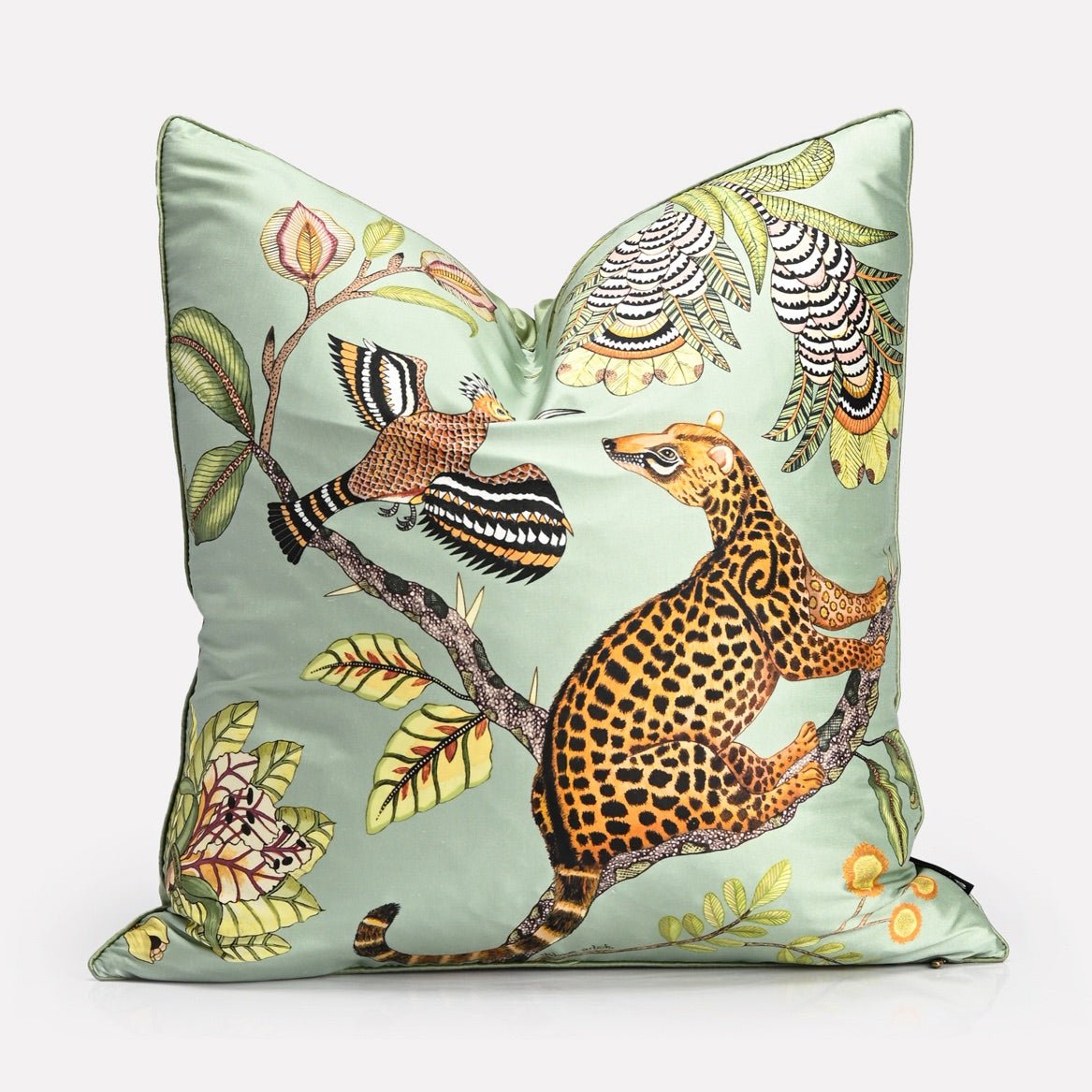 A side perspective displaying the sheen of the silk fabric and the finely detailed nature-inspired print.
