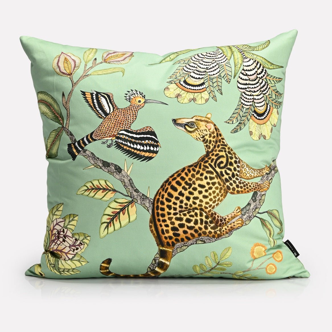 A luxurious 60x60cm velvet cushion cover featuring an intricate African wildlife print with a golden leopard and exotic birds against a soft green background.