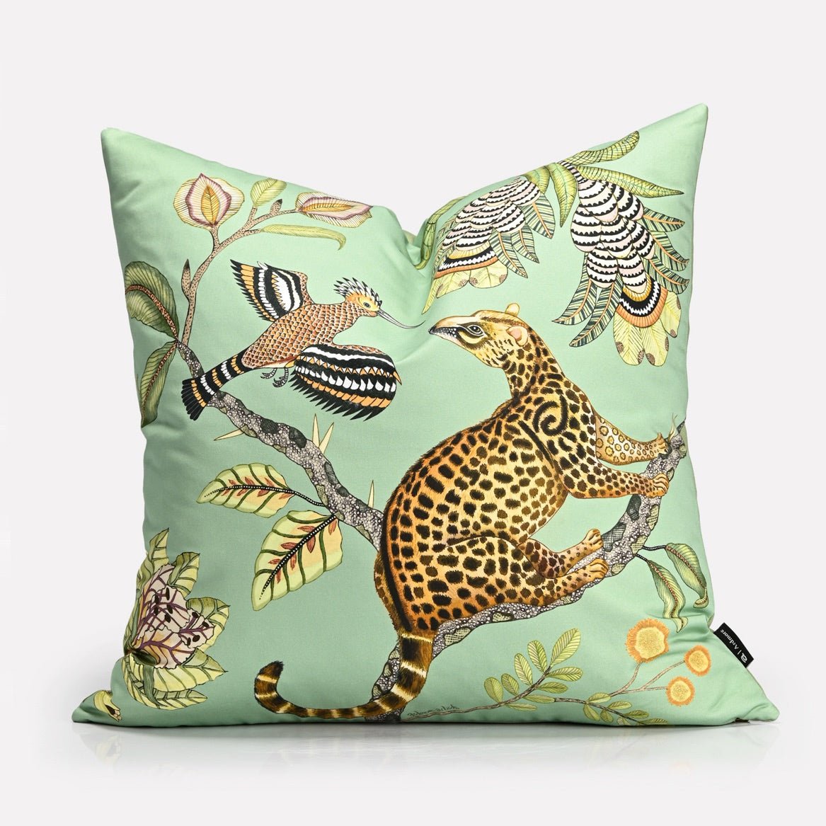 A side perspective showcasing the plush velvet texture and the detailed artistry of the wildlife-inspired design.