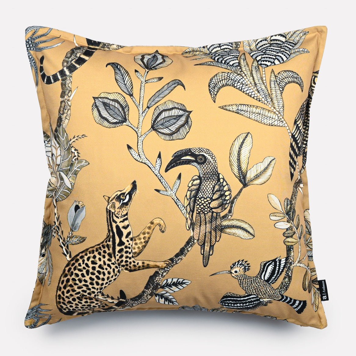 A luxurious 50x50cm cushion cover in golden yellow polyester, adorned with a detailed African wildlife print featuring exotic birds and botanical elements.