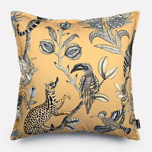 A luxurious 50x50cm cushion cover in golden yellow polyester, adorned with a detailed African wildlife print featuring exotic birds and botanical elements.
