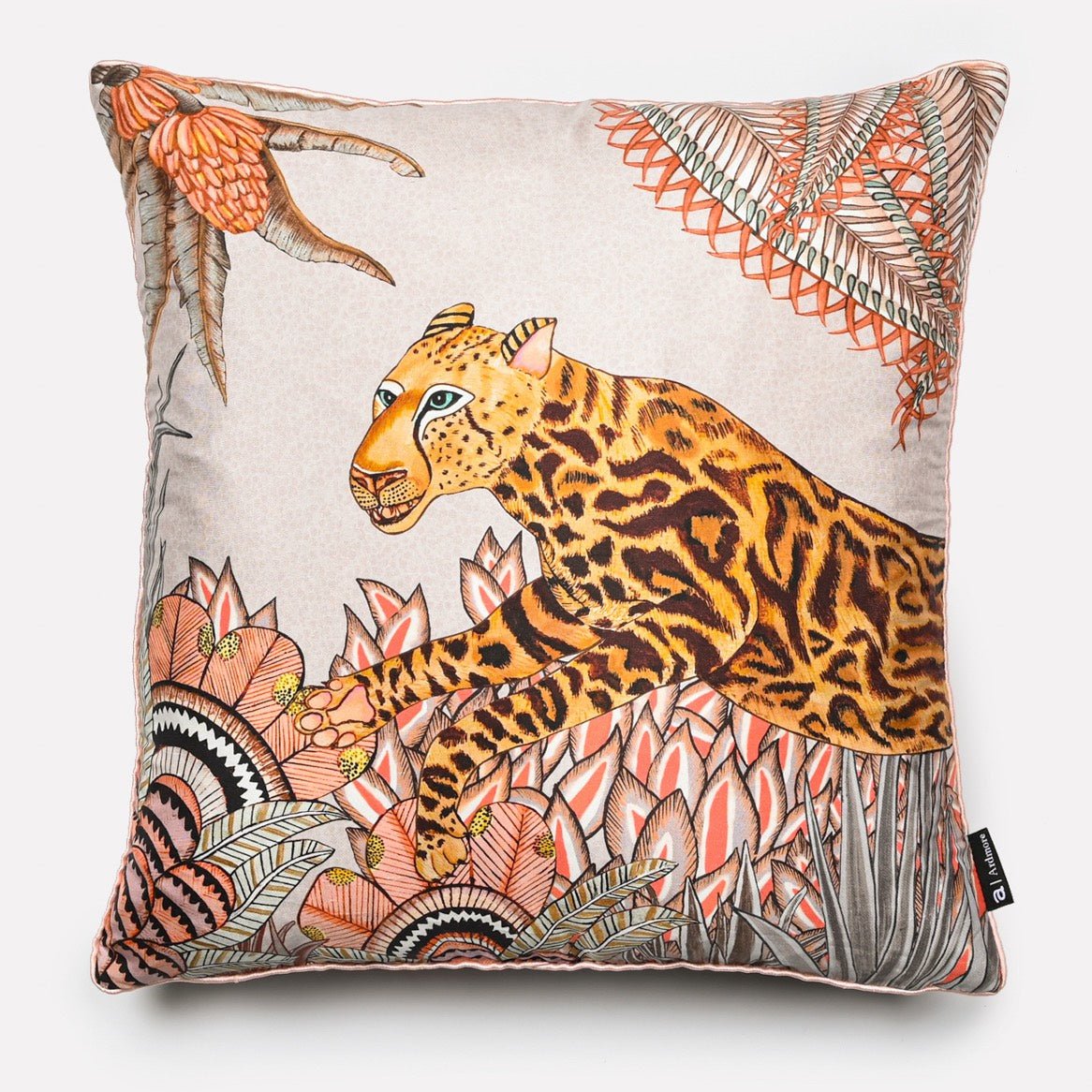 40x40cm Cheetah Kings Forest Magnolia silk cushion cover, featuring a majestic cheetah lounging among lush magnolia blossoms and intricate foliage patterns on a soft cream silk background.