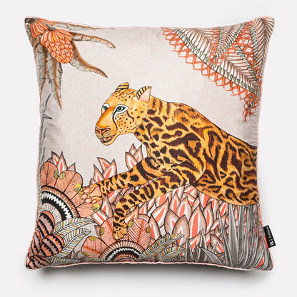 40x40cm Cheetah Kings Forest Magnolia silk cushion cover, featuring a majestic cheetah lounging among lush magnolia blossoms and intricate foliage patterns on a soft cream silk background.