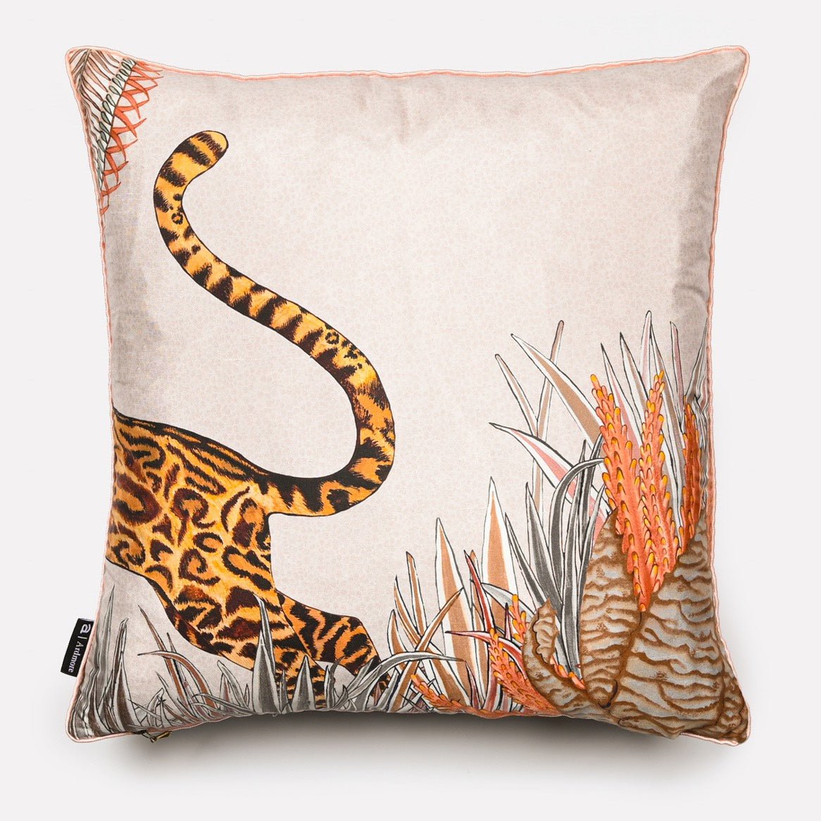 Reverse side of the Cheetah Kings Forest Magnolia silk cushion cover, showcasing a solid light peach silk fabric that complements the detailed front design.