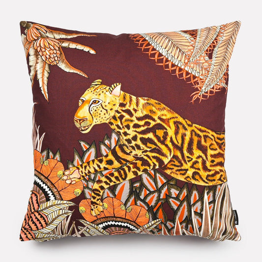 50x50cm Cheetah Kings Forest Plum Cotton cushion cover featuring elegant cheetahs amidst a lush plum forest with intricate African-inspired patterns.
