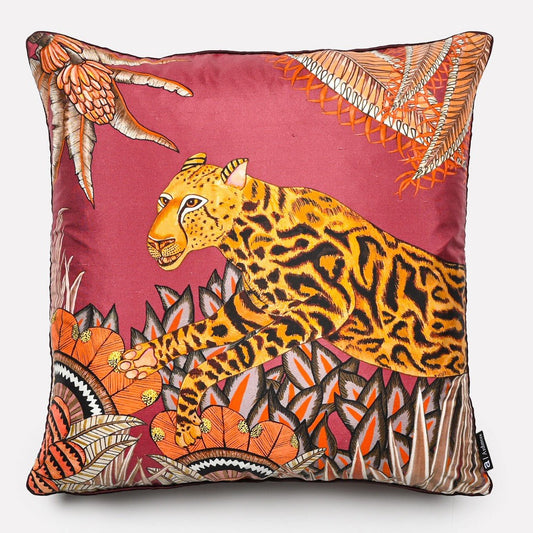 40x40cm Cheetah Kings Forest Plum Silk cushion cover featuring a vibrant African-inspired cheetah design set against a luxurious plum silk background with intricate foliage details.