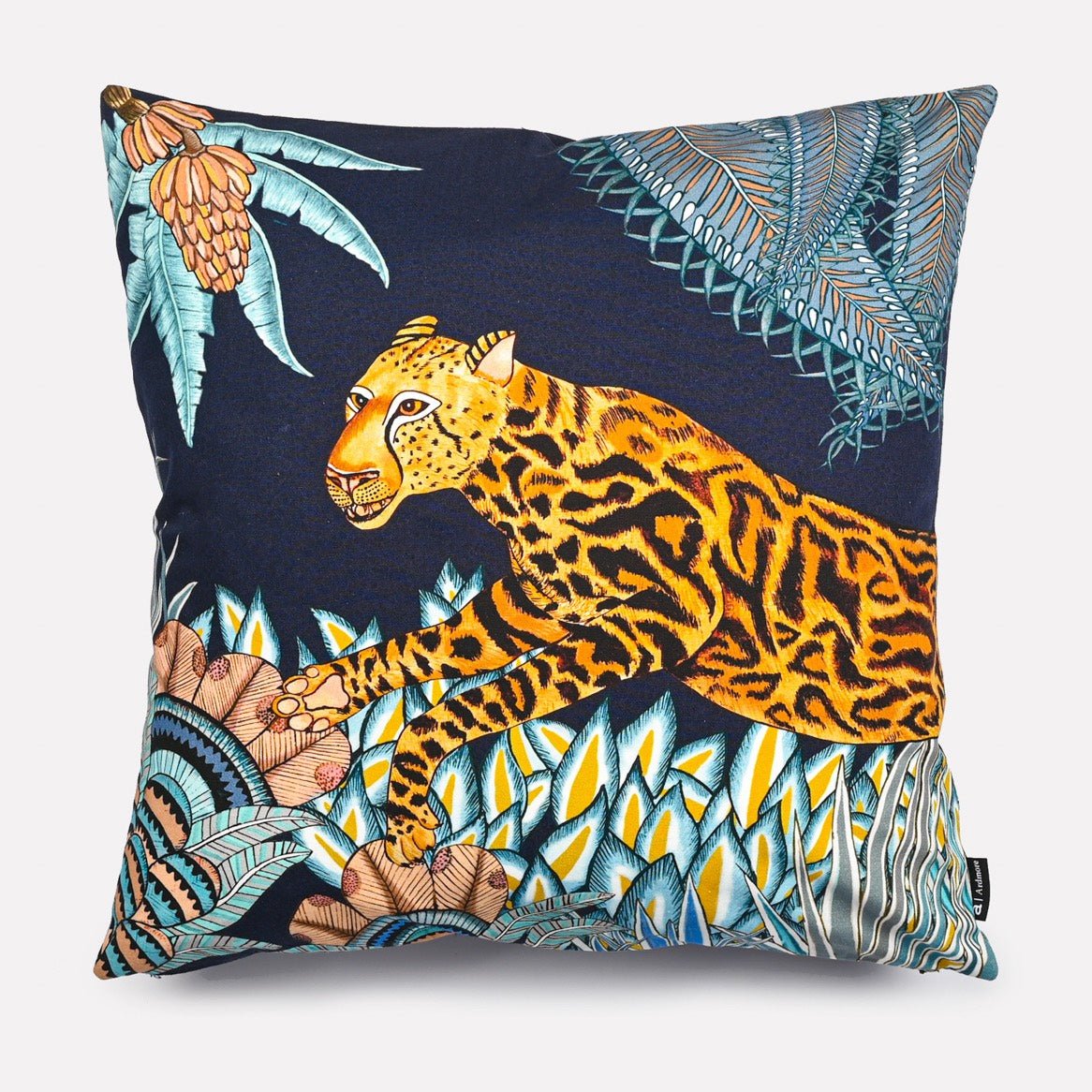 50x50cm Cheetah Kings Forest Tanzanite Cotton cushion cover featuring a vibrant African-inspired tanzanite cheetah design with bold foliage against a rich navy blue background.