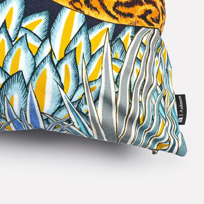 Close-up of the Cheetah Kings Forest Tanzanite Cotton cushion cover highlighting the intricate tanzanite-inspired cheetah and detailed tropical leaf patterns.