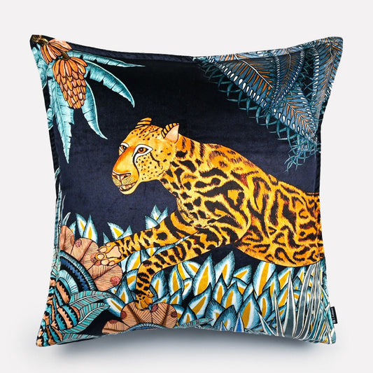 60x60cm Cheetah Kings Forest Tanzanite velvet cushion cover, featuring a vibrant cheetah design with African-inspired patterns in blue and gold tones.