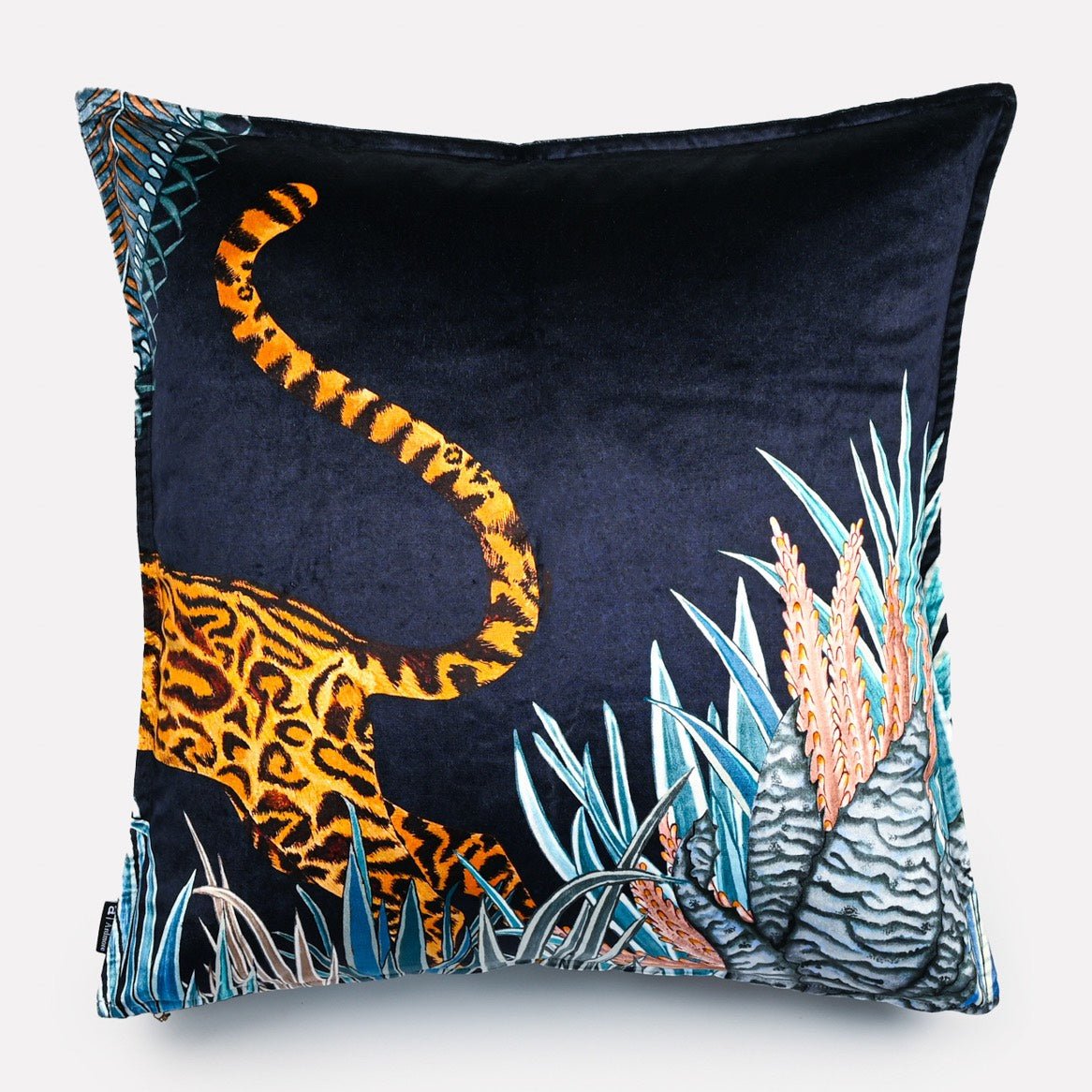 Back view of the Cheetah Kings Forest Tanzanite velvet cushion cover, showcasing a cheetah's tail and intricate geometric patterns on a deep blue velvet base.