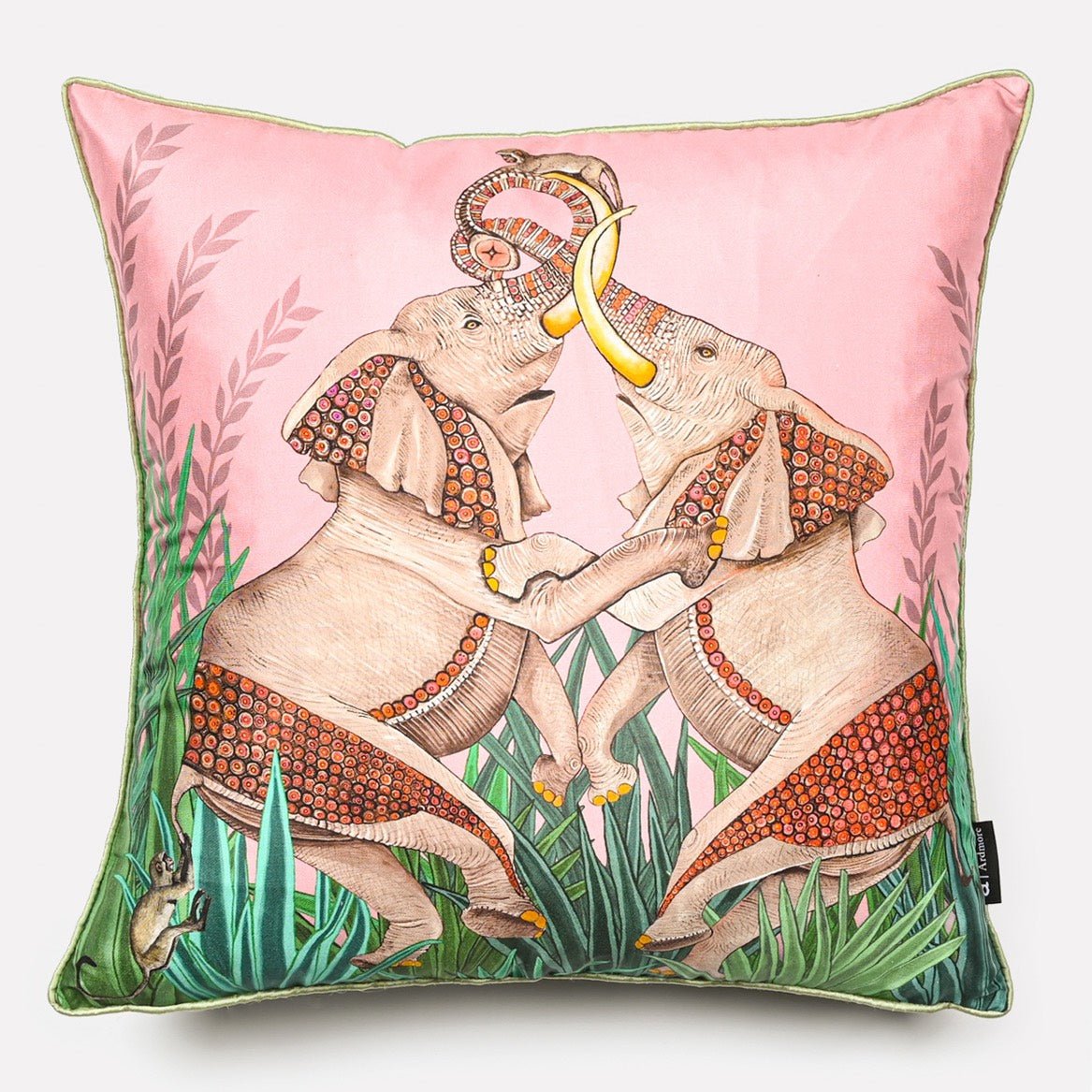 40x40cm Dancing Elephant Magnolia Silk cushion cover, featuring two intricately designed elephants dancing amidst magnolia blossoms, set against a soft pink silk background.