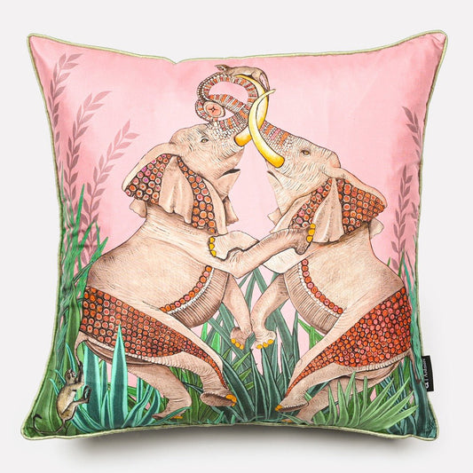 40x40cm Dancing Elephant Magnolia Silk cushion cover, featuring two intricately designed elephants dancing amidst magnolia blossoms, set against a soft pink silk background.