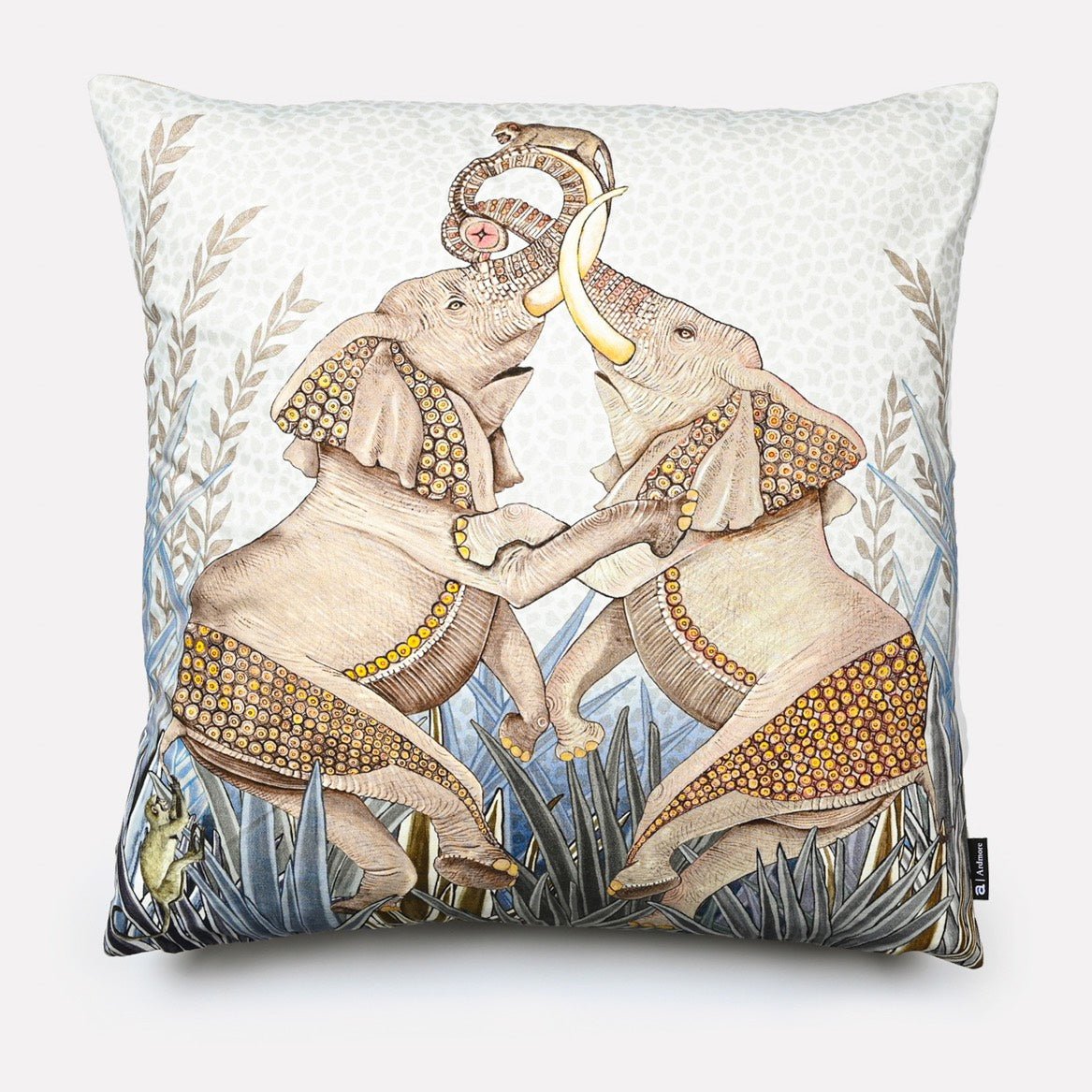 50x50cm Dancing Elephant Mist cotton cushion cover, featuring two intricately detailed elephants in soft earthy tones, dancing amidst a tranquil misty background with subtle foliage accents.