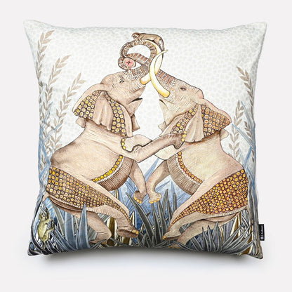 50x50cm Dancing Elephant Mist cotton cushion cover, featuring two intricately detailed elephants in soft earthy tones, dancing amidst a tranquil misty background with subtle foliage accents.