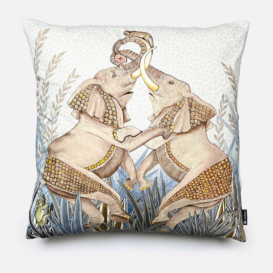50x50cm Dancing Elephant Mist cotton cushion cover, featuring two intricately detailed elephants in soft earthy tones, dancing amidst a tranquil misty background with subtle foliage accents.