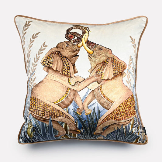 60x60cm Dancing Elephant Mist velvet cushion cover, featuring two beautifully detailed elephants in earthy tones, dancing against a soft misty background with lush foliage accents.