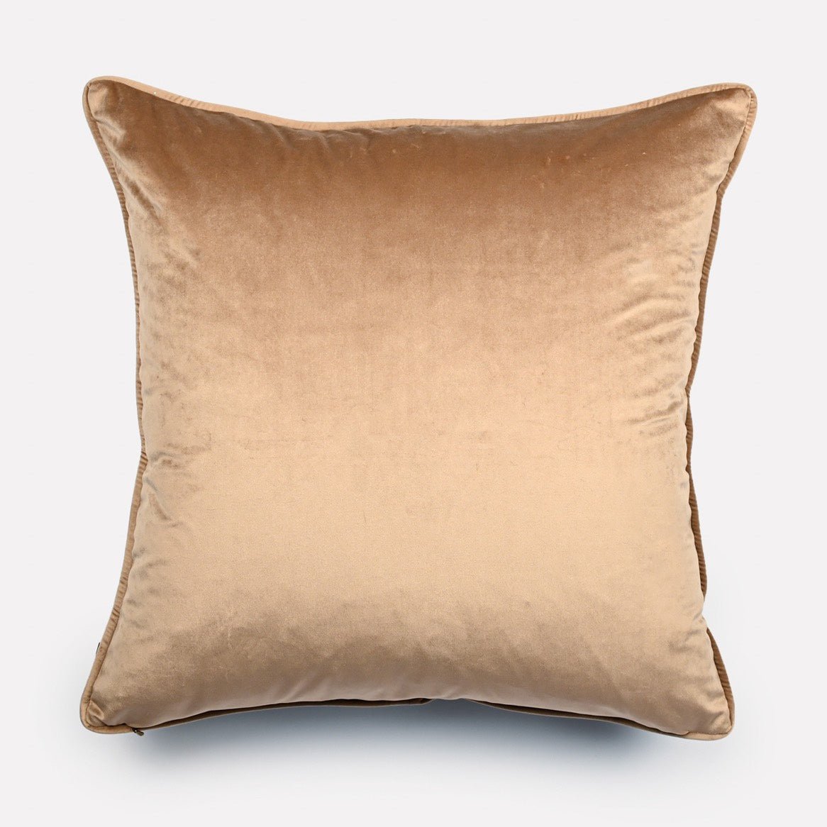 Reverse side of the Dancing Elephant Mist cushion cover, showcasing a solid warm beige velvet fabric to complement the intricate front design.