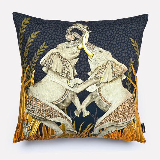 50x50cm Dancing Elephant Moonlight cotton cushion cover, featuring two intricately designed elephants dancing under a moonlit sky on a dark navy background with golden accents.