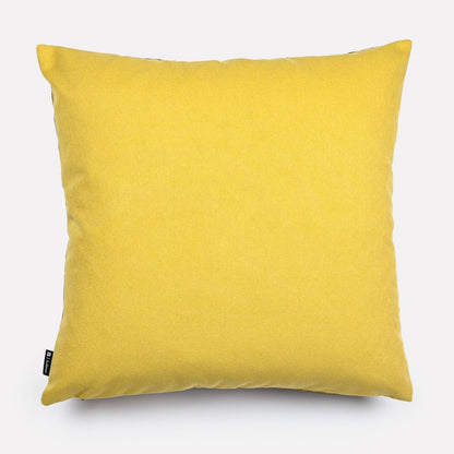 Reverse side of the Dancing Elephant Moonlight cotton cushion cover, showcasing a solid bright yellow cotton fabric that complements the detailed front design.