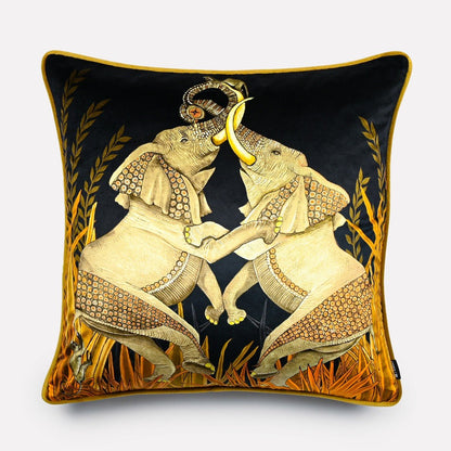 60x60cm Dancing Elephant Moonlight velvet cushion cover, featuring two intricately detailed elephants dancing gracefully against a dramatic black background bathed in golden moonlight.