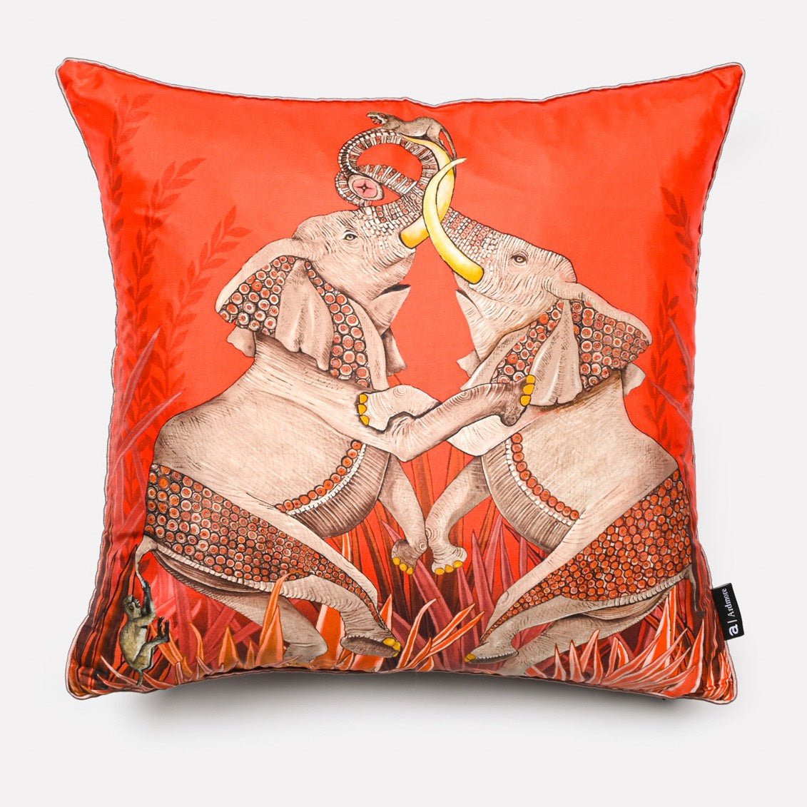 40x40cm Dancing Elephant Sunset silk cushion cover, featuring two intricately designed elephants dancing gracefully against a vibrant orange sunset background with delicate foliage details.