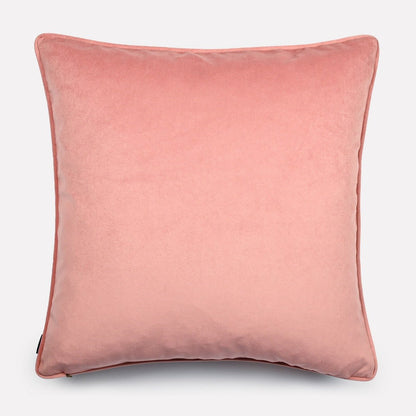 Reverse side of the Dancing Elephant Sunset cushion cover, showcasing a soft solid pink velvet fabric to complement the striking design on the front.