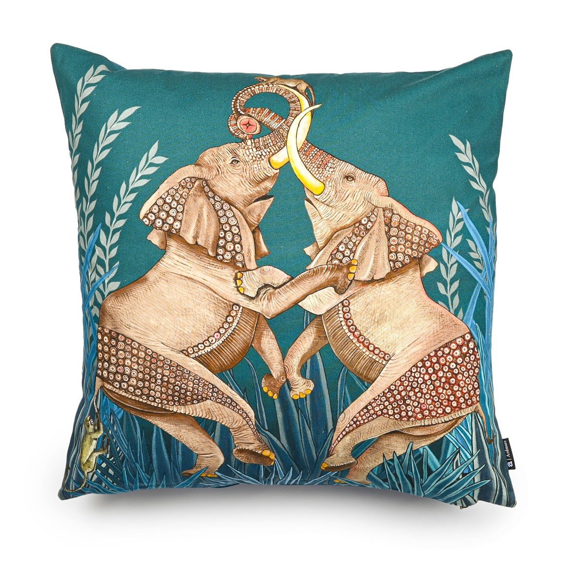 50x50cm Dancing Elephant Teal Lake cotton cushion cover, featuring two intricately designed elephants dancing against a serene teal background with leafy accents.