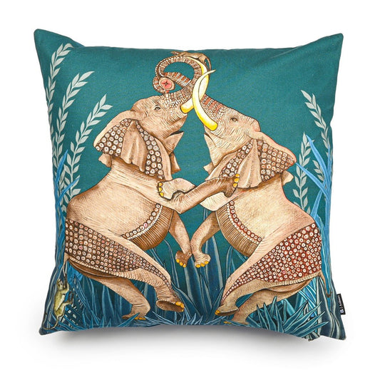 50x50cm Dancing Elephant Teal Lake cotton cushion cover, featuring two intricately designed elephants dancing against a serene teal background with leafy accents.