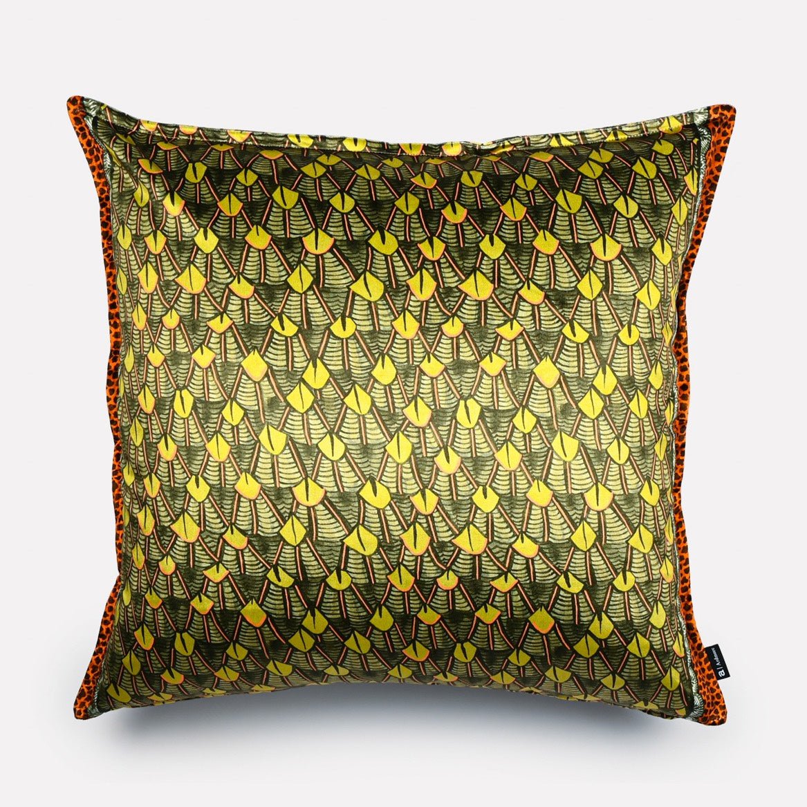 Front view of the Feather River Green Velvet Cushion Cover featuring an intricate leaf-inspired River Chase pattern on rich green velvet.