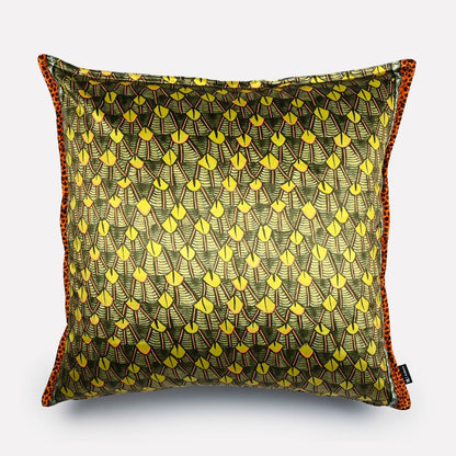 Front view of the Feather River Green Velvet Cushion Cover featuring an intricate leaf-inspired River Chase pattern on rich green velvet.