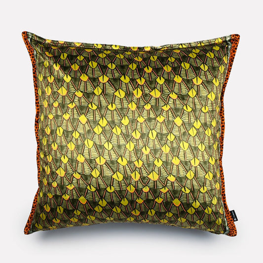 Front view of the Feather River Green Velvet Cushion Cover featuring an intricate leaf-inspired River Chase pattern on rich green velvet.
