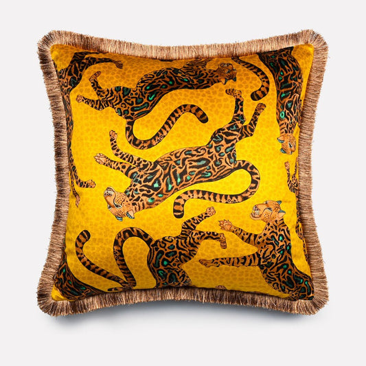 Cheetah Kings Gold Velvet Cushion Cover with Fringe