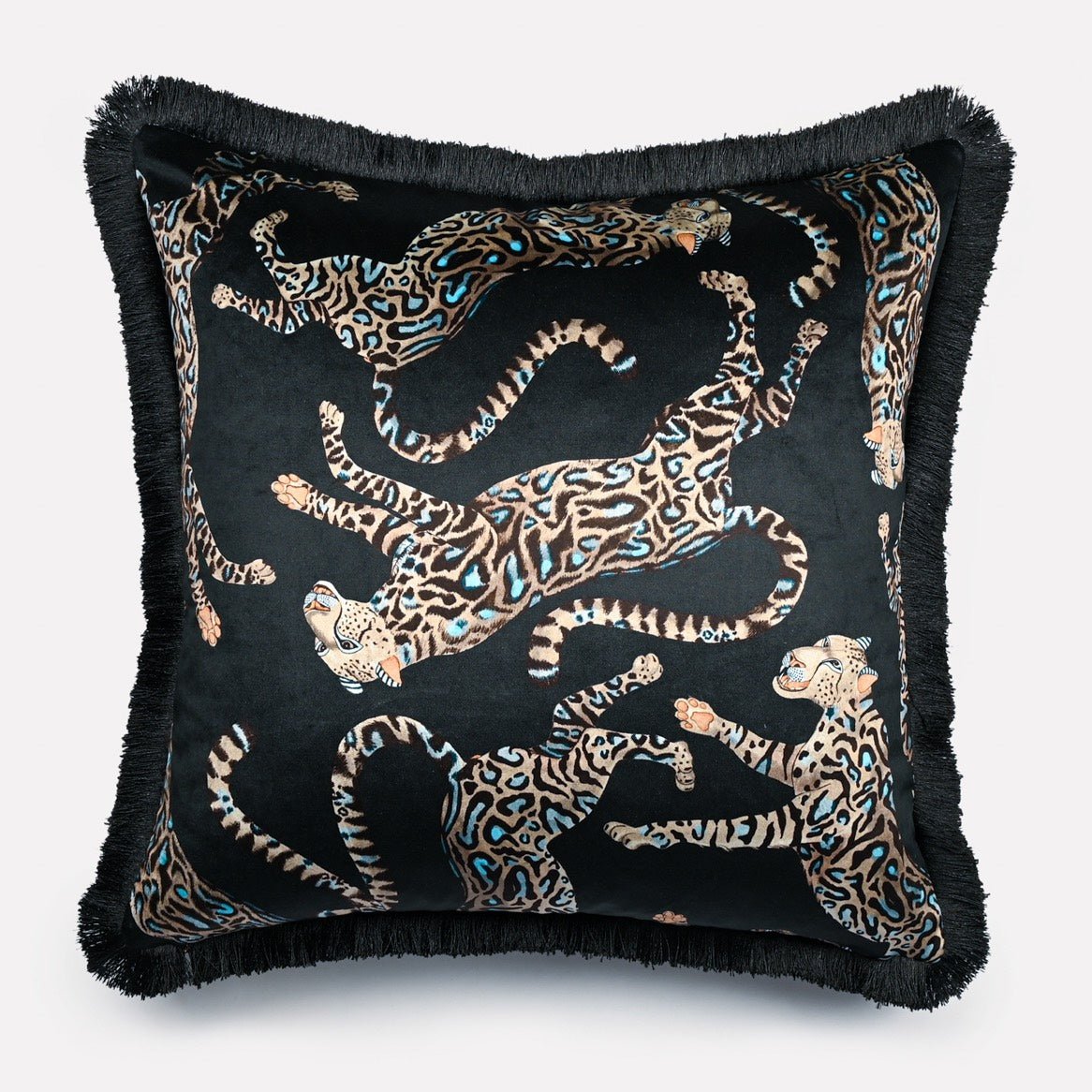 60x60cm Cheetah Kings Starry Nights velvet cushion cover with fringe, featuring a sophisticated design of cheetahs in shimmering silver and gold tones on a deep black background, framed with luxurious black fringe.