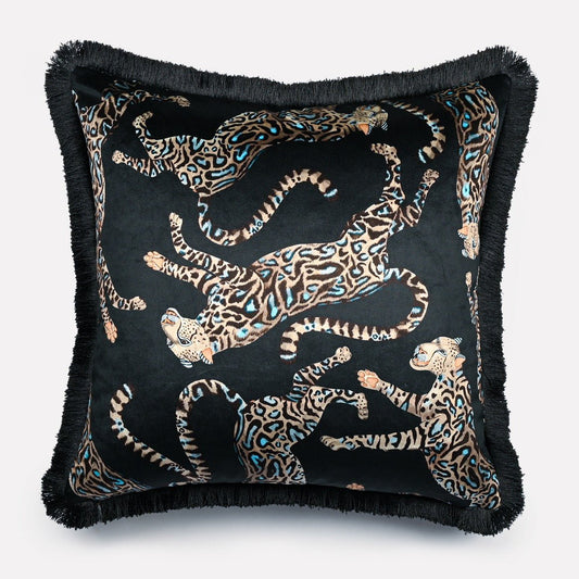 60x60cm Cheetah Kings Starry Nights velvet cushion cover with fringe, featuring a sophisticated design of cheetahs in shimmering silver and gold tones on a deep black background, framed with luxurious black fringe.