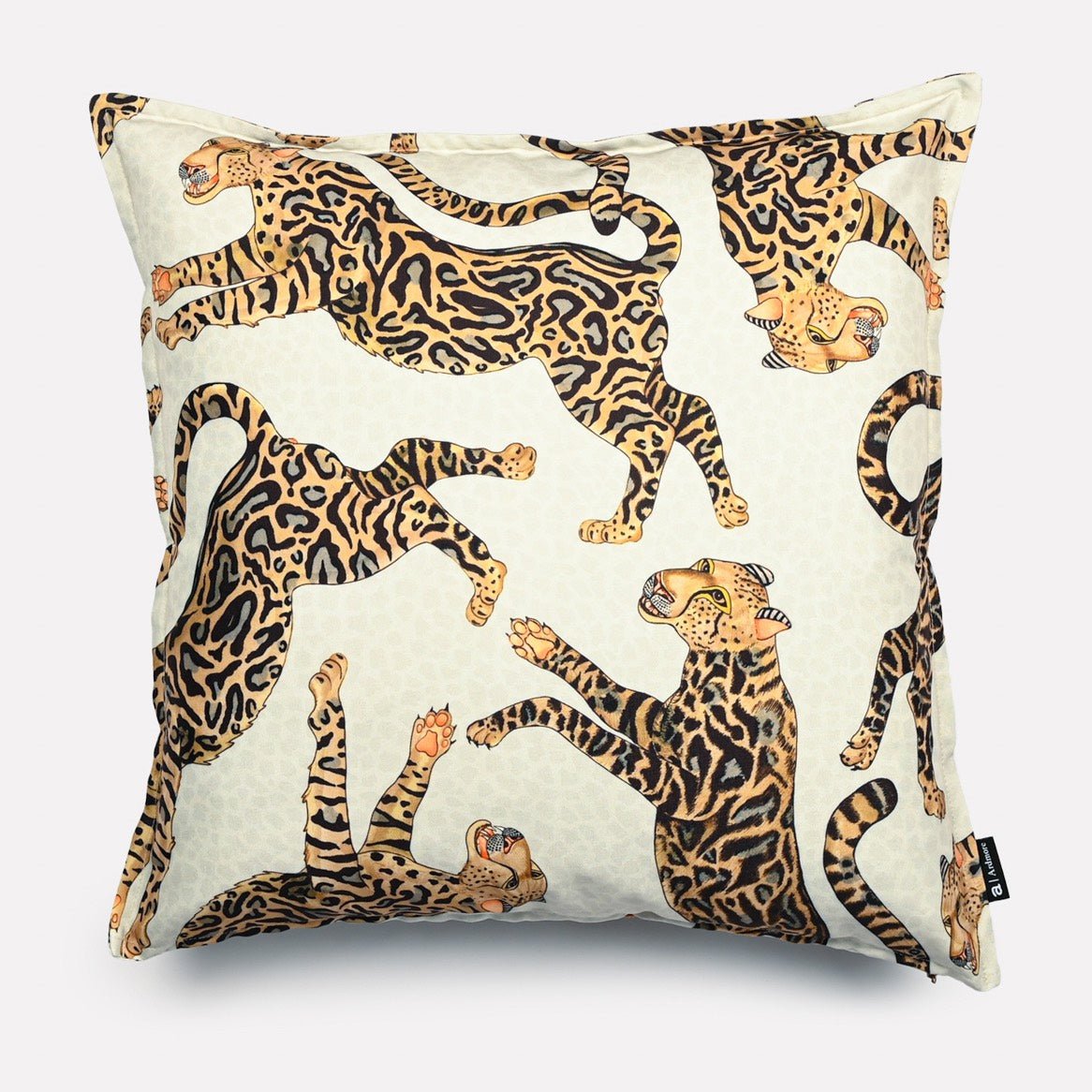 50x50cm double-sided outdoor cushion cover in Cheetah King Stone fabric, featuring a sophisticated design of cheetahs in warm earthy tones on a creamy white background.