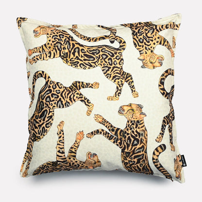 50x50cm double-sided outdoor cushion cover in Cheetah King Stone fabric, featuring a sophisticated design of cheetahs in warm earthy tones on a creamy white background.